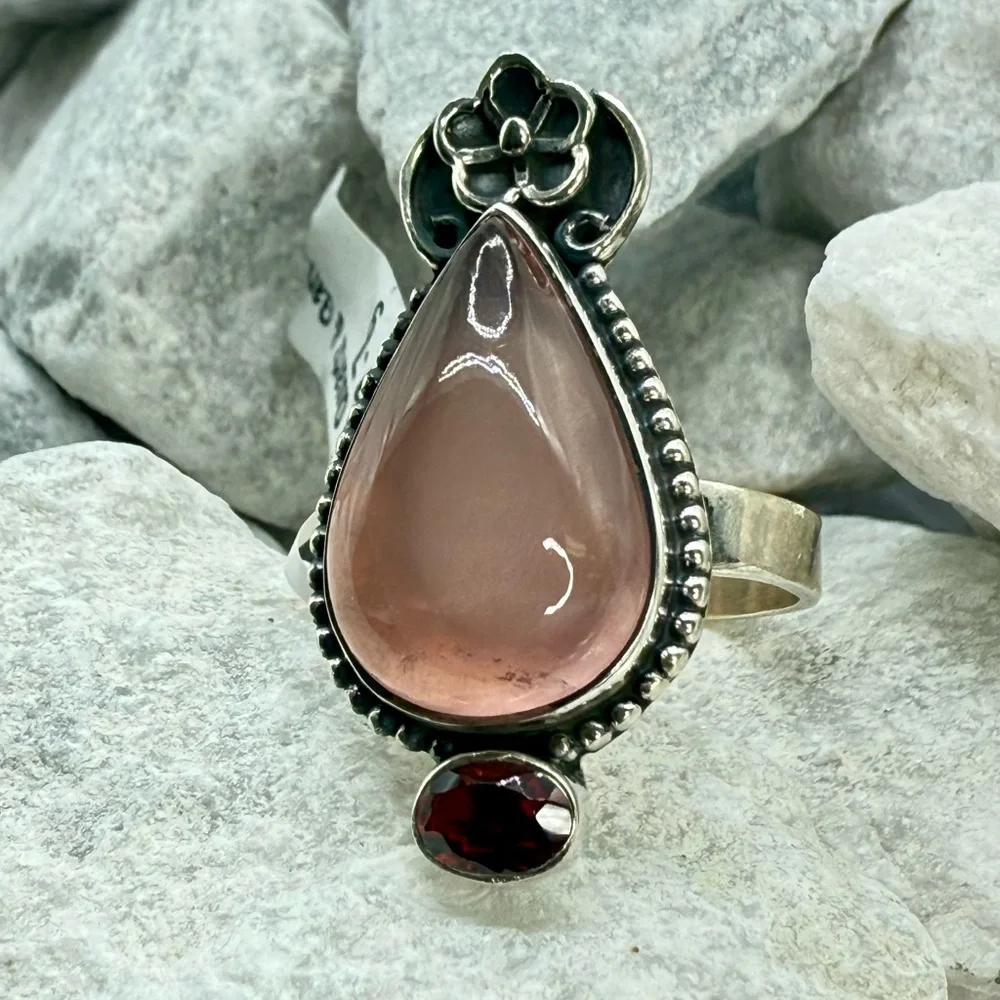 NWT Sterling Silver Rose Quartz & Garnet Ring Size 9 Southwestern Boho 925